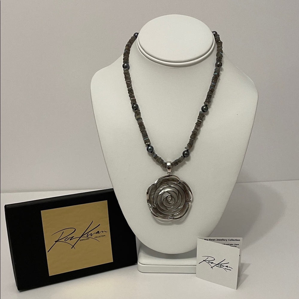 Roz Kwan Mother Of Pearl Rose Pendant on Labradorite Square Cut Bead Necklace